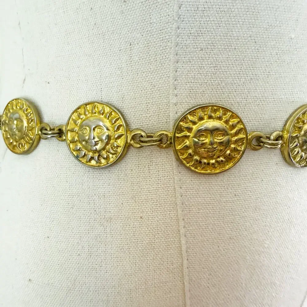 Vintage 90s Gold Sun Metal Chain Belt VGUC Adjustable Hook Closure